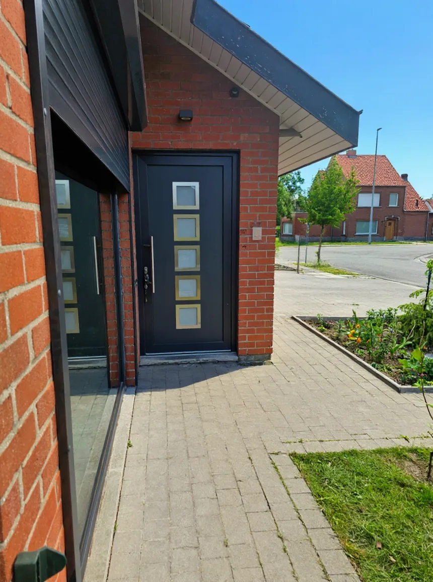 Gros plan de la porte d'entrée haute sécurité avec poignée de traction verticale satinée