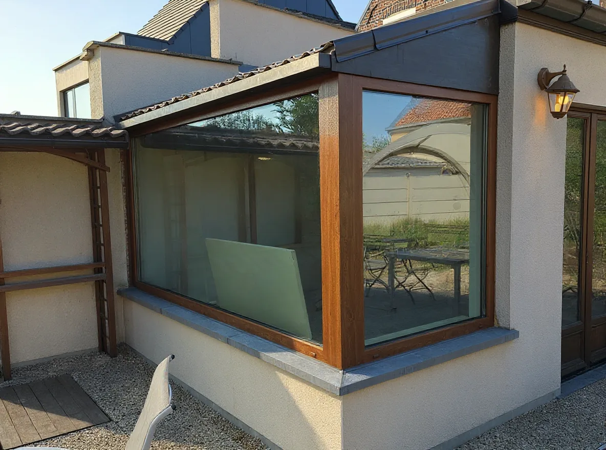 Hoekzonnekamer met houtnerf kozijnen en panoramisch glaswerk in Kortrijk