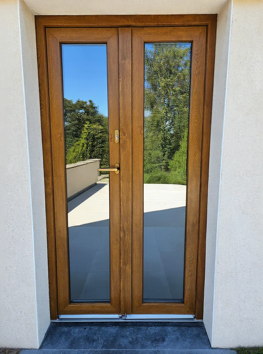 Frans balkon met houtnerf afwerking die de omringende tuin reflecteert