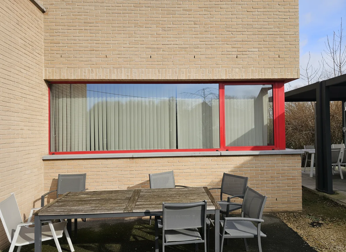 Roodomkaderd panoramaraam dat uitkijkt naar het buitenbreakout terras