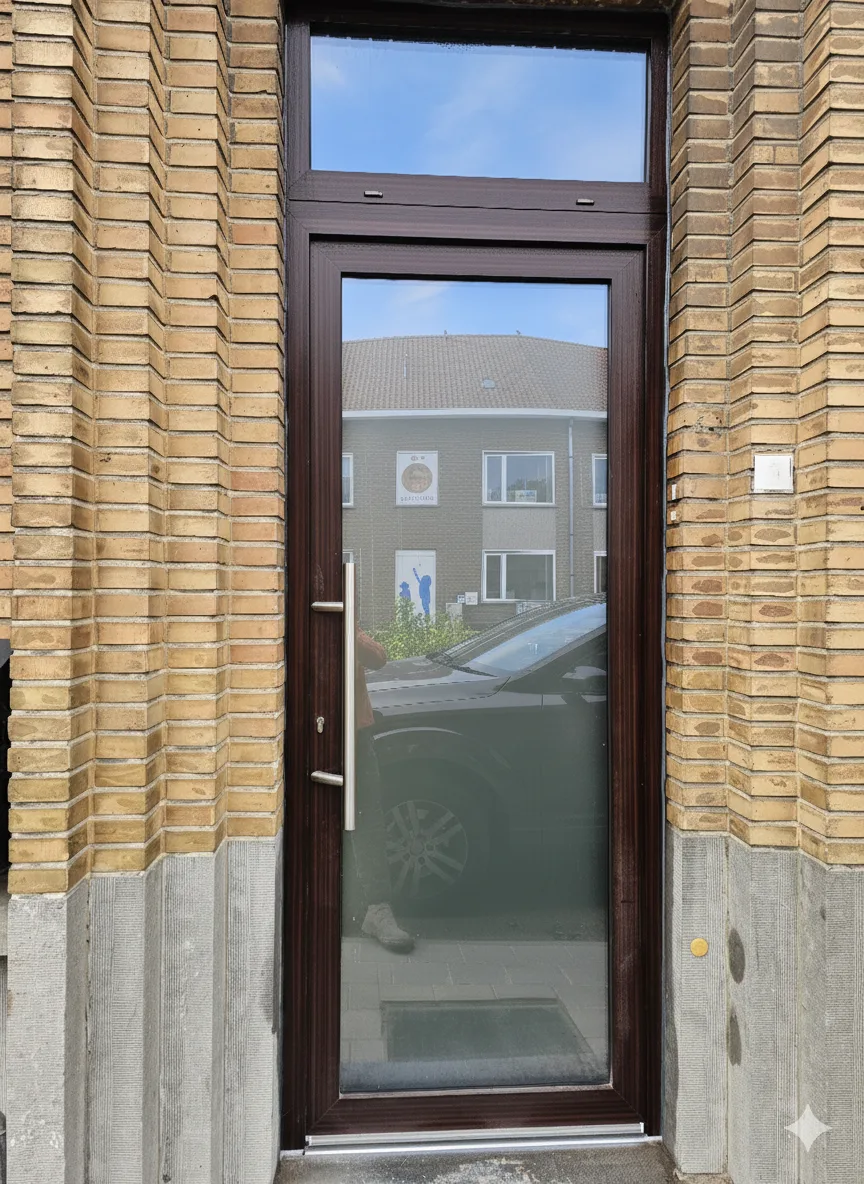 Close-up van de donkerbruine voordeur met langwerpige handgreep